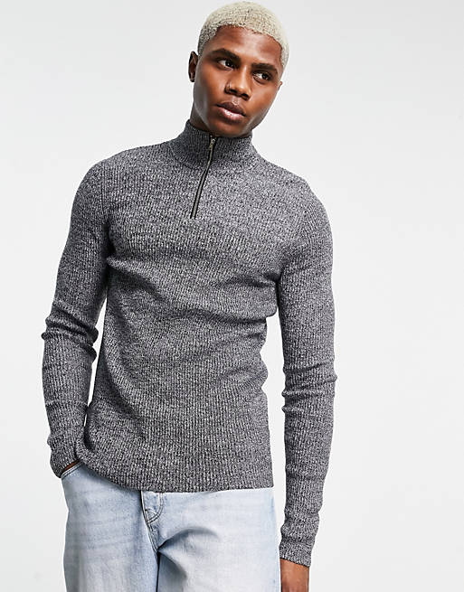 ASOS DESIGN muscle fit ribbed half-zip jumper in black and white twist
