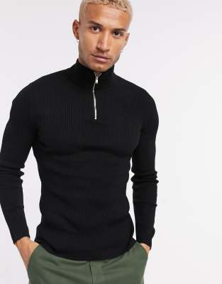 Asos Design Muscle Fit Ribbed Half Zip Sweater In Black | ModeSens