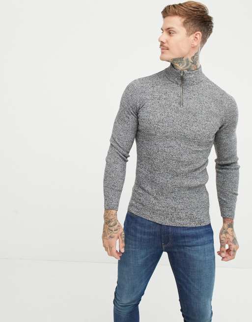 ASOS DESIGN muscle fit ribbed half zip sweater in gray twist | ASOS