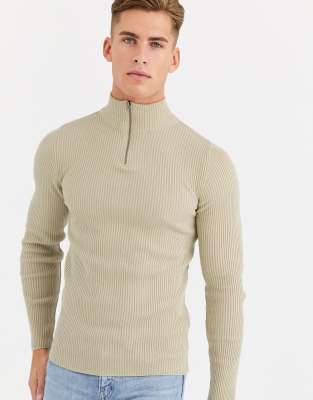 ASOS DESIGN muscle fit ribbed half zip sweater in oatmeal