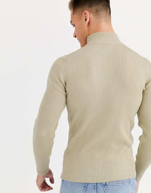 ASOS DESIGN muscle fit ribbed half zip sweater in oatmeal