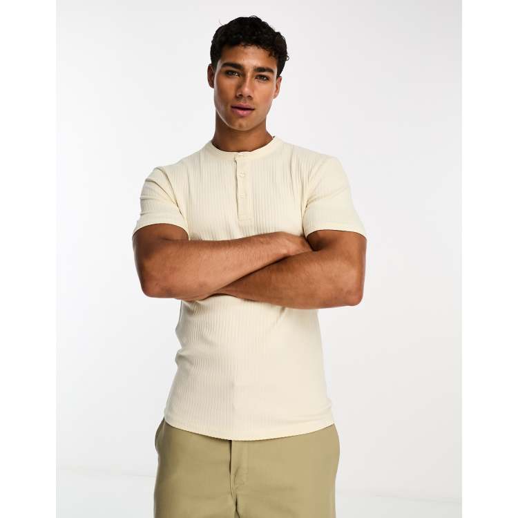 ASOS DESIGN muscle fit ribbed henley t-shirt in cream