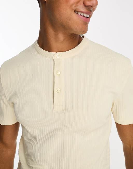 ASOS DESIGN muscle fit ribbed henley t-shirt in cream