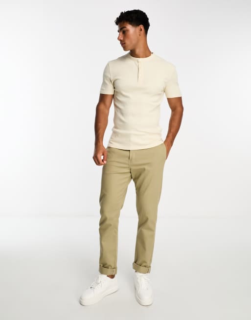 ASOS DESIGN muscle fit ribbed henley t-shirt in cream | ASOS