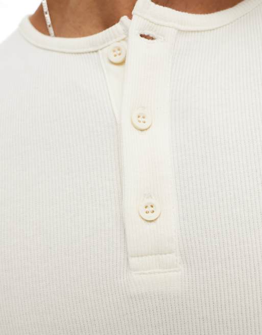 ASOS DESIGN muscle fit ribbed henley t-shirt in ecru, 2 of 4