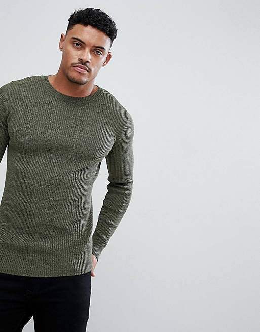 ASOS DESIGN muscle fit ribbed jumper in khaki twist