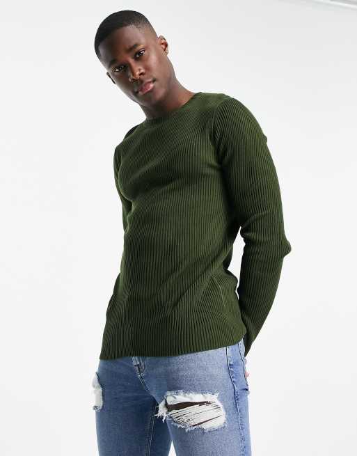 ASOS DESIGN muscle fit ribbed jumper in khaki | ASOS