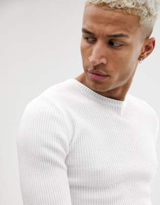 ASOS DESIGN muscle fit ribbed jumper in white