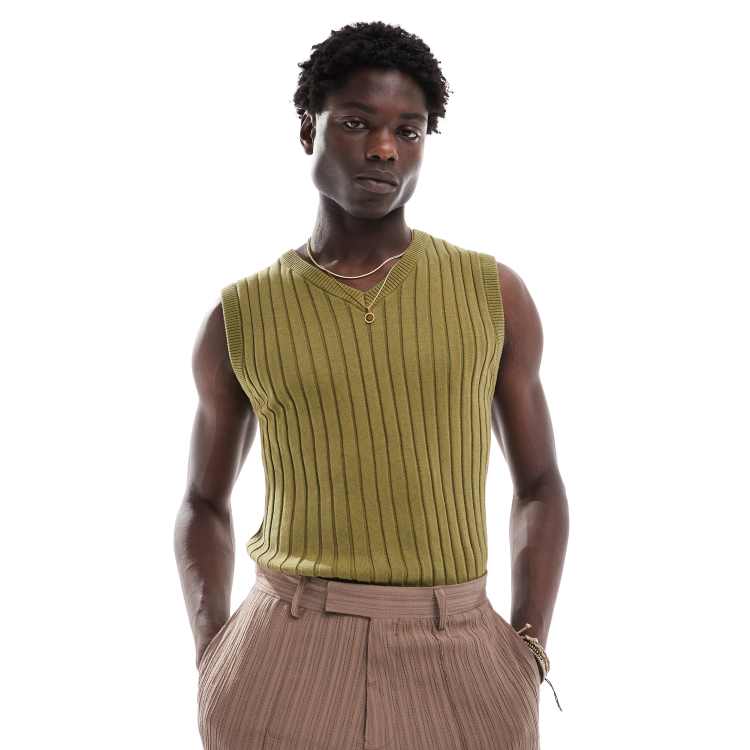 ASOS DESIGN muscle fit ribbed knit V-neck tank top in khaki | ASOS