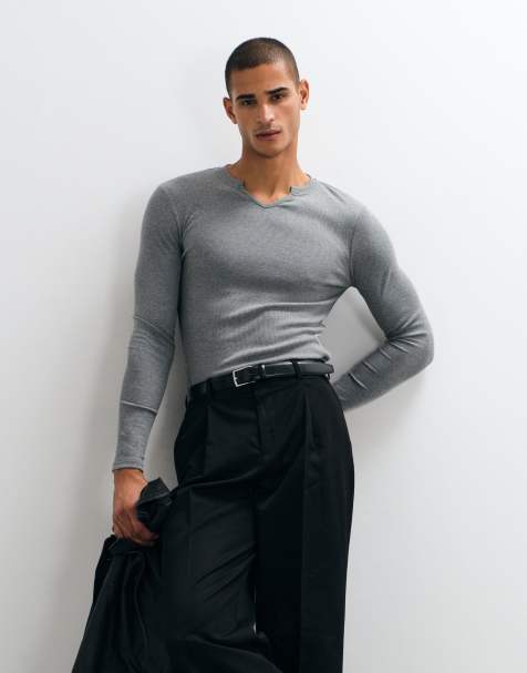 ASOS DESIGN muscle fit ribbed long sleeve notch neck in charcoal marl - view 1