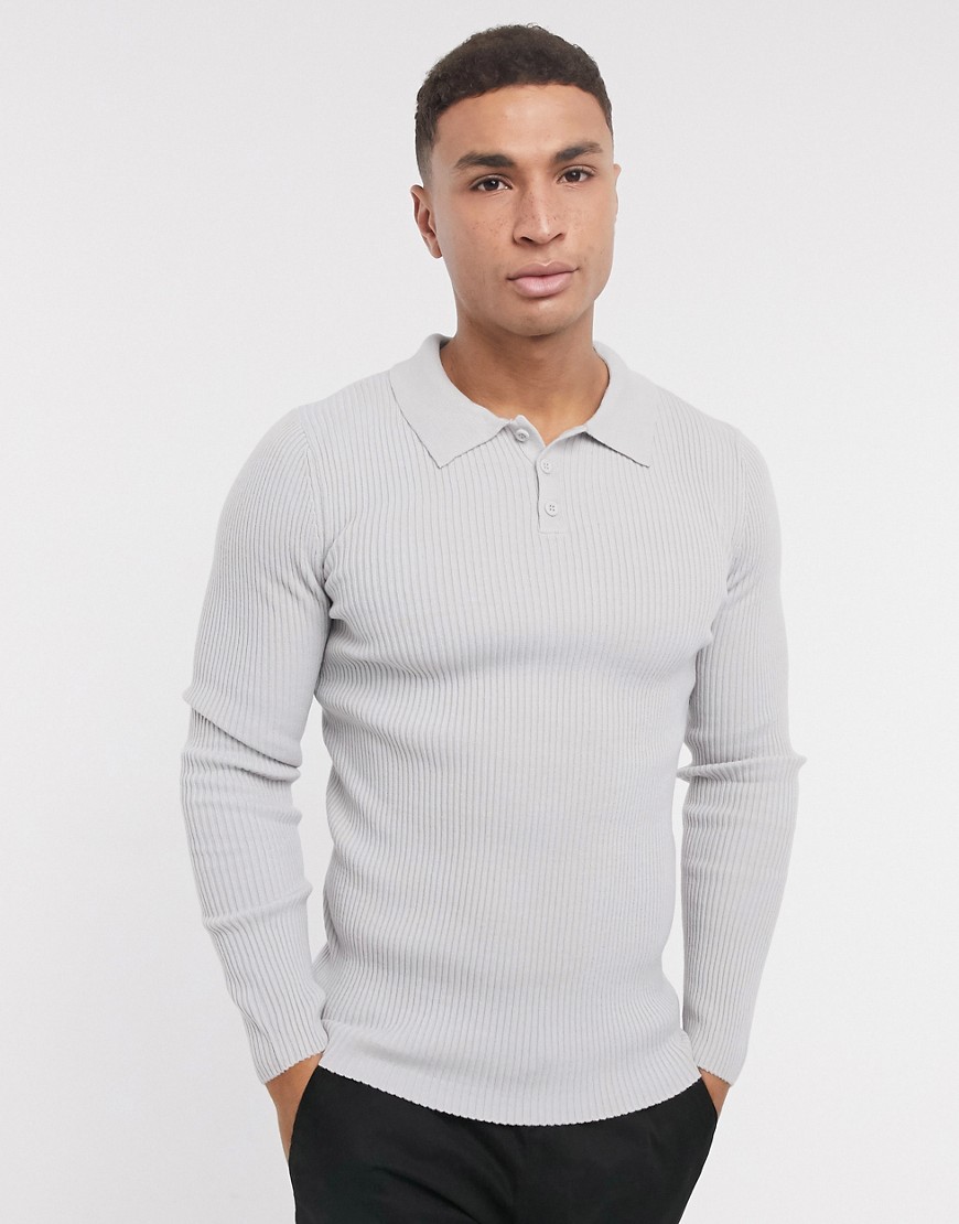 ASOS DESIGN muscle fit ribbed polo in light gray