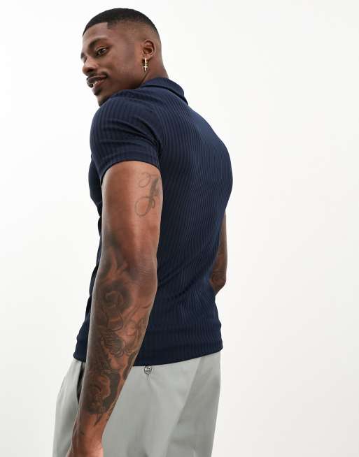 ASOS DESIGN muscle fit ribbed revere polo in navy, 3 of 4