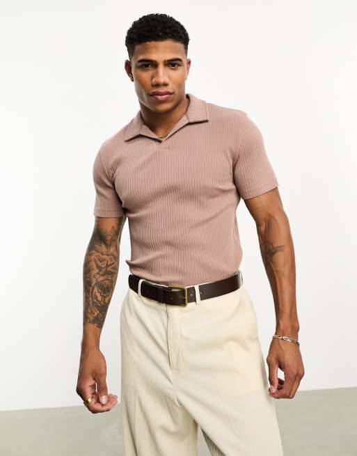 ASOS DESIGN muscle fit ribbed revere polo in washed brown