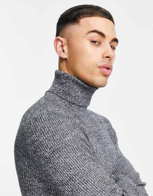 ASOS DESIGN muscle fit ribbed roll neck jumper in black and white twist