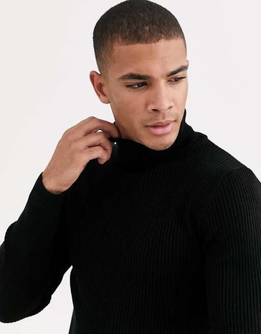 Asos design muscle fit ribbed 2025 roll neck jumper in black