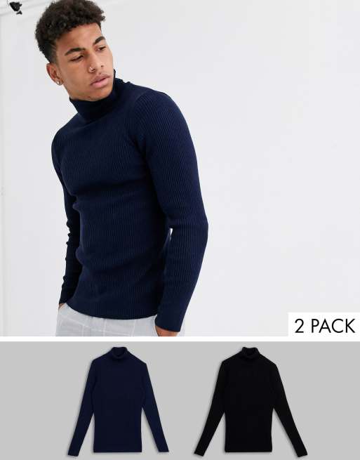 Asos design muscle fit ribbed roll neck jumper in on sale black