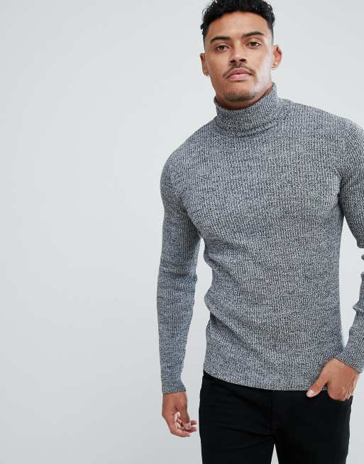 Asos design muscle fit ribbed roll neck jumper in on sale black