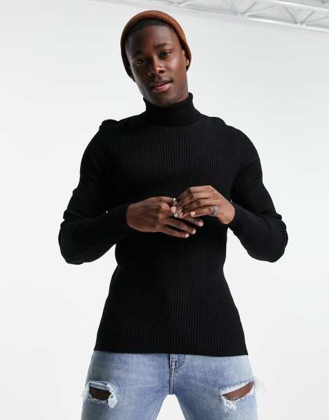 ASOS DESIGN muscle fit ribbed roll neck jumper in black - view 1