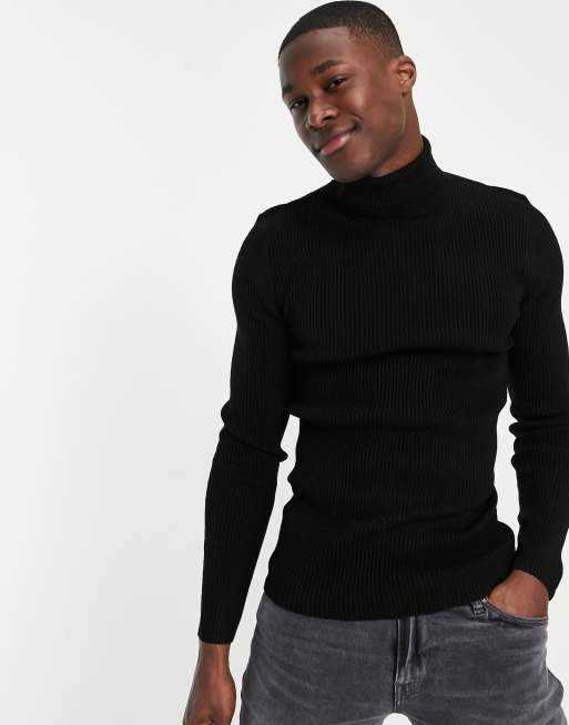 Mens black ribbed 2025 roll neck jumper