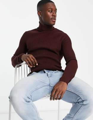 red ribbed polo neck jumper