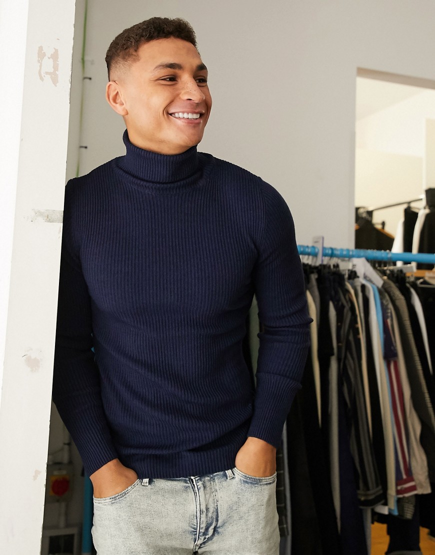 ASOS DESIGN muscle fit ribbed roll neck jumper in navy