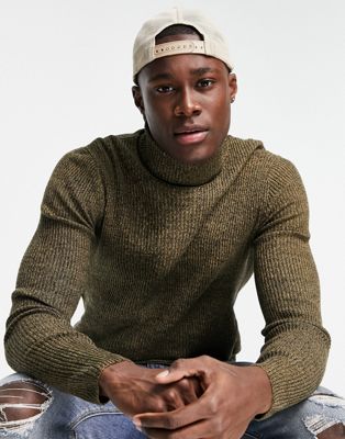 ASOS DESIGN muscle fit ribbed roll neck jumper in tan-Brown
