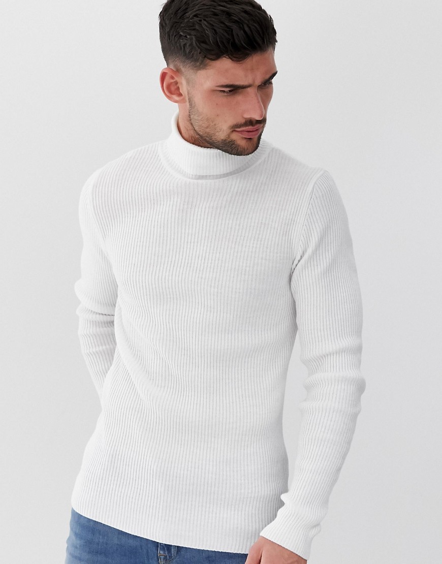 ASOS DESIGN muscle fit ribbed roll neck jumper in white