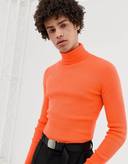 ASOS DESIGN muscle fit ribbed roll neck sweater in neon orange