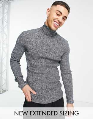 Asos Design Muscle Fit Ribbed Rollneck Sweater In Black And White