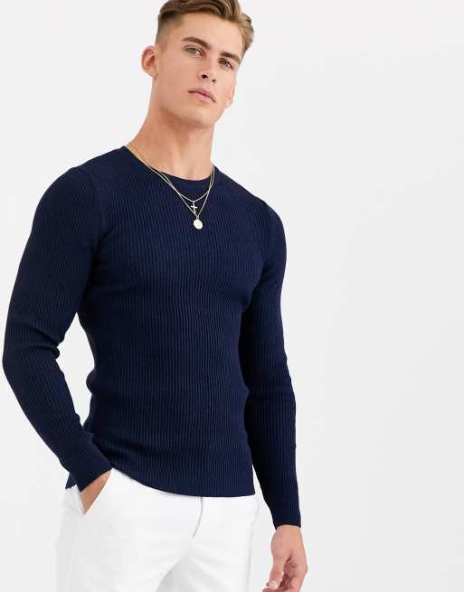 ASOS DESIGN muscle fit ribbed sweater in navy