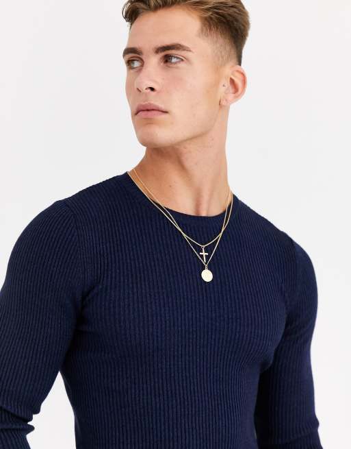 ASOS DESIGN muscle fit ribbed sweater in navy