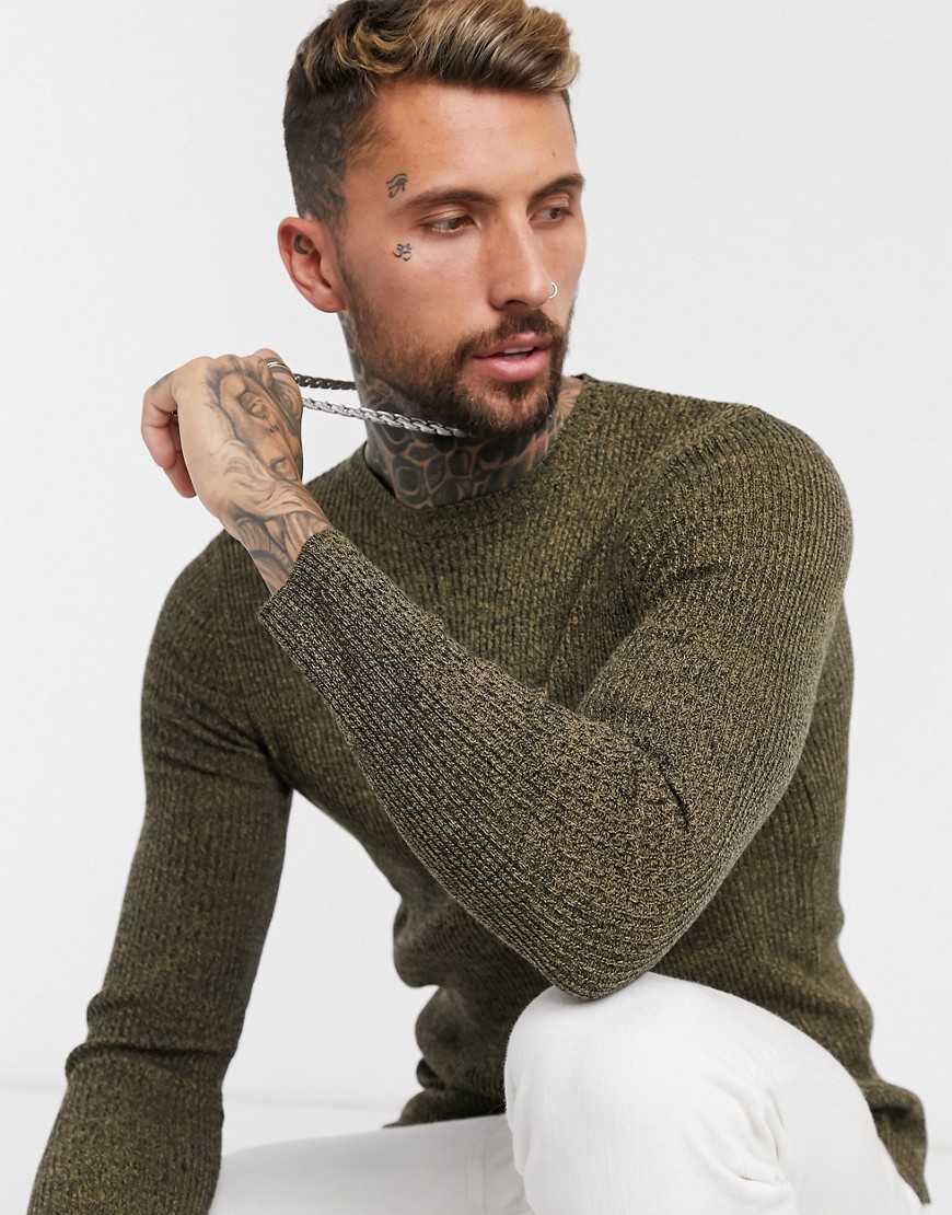 ASOS DESIGN muscle fit ribbed sweater in tan twist-Brown
