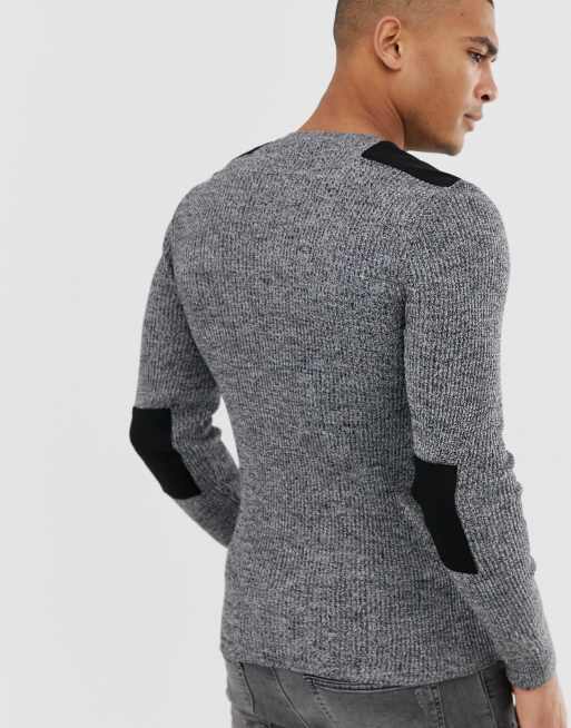 ASOS Crew Neck Sweater with Elbow Patches In Cotton