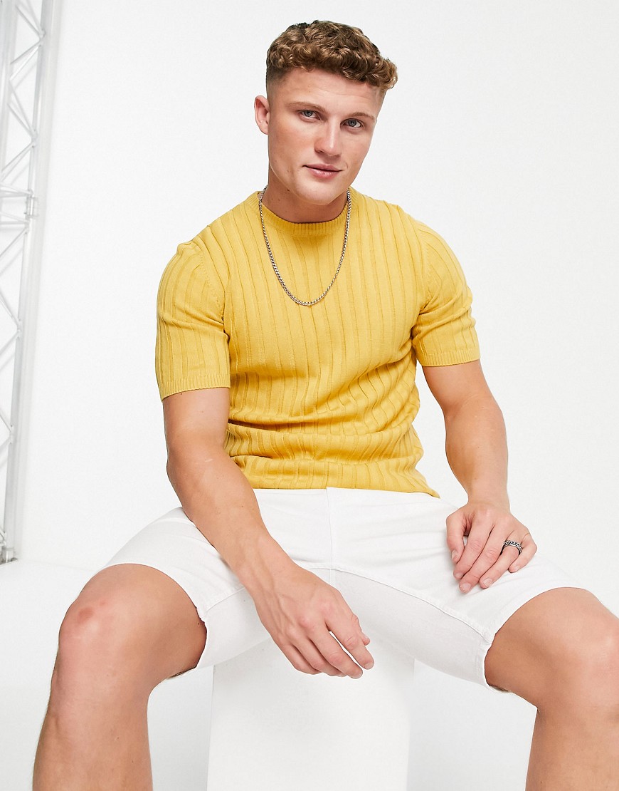 ASOS DESIGN muscle fit ribbed t-shirt in mustard-Yellow