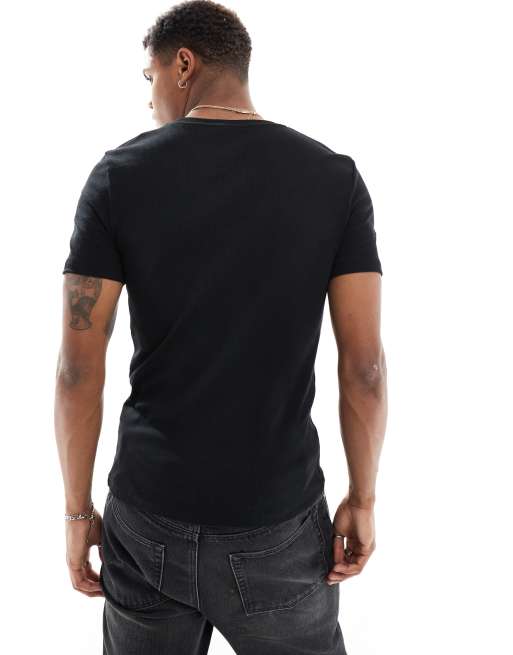 ASOS DESIGN muscle fit ribbed t-shirt with applique in black, 2 of 4