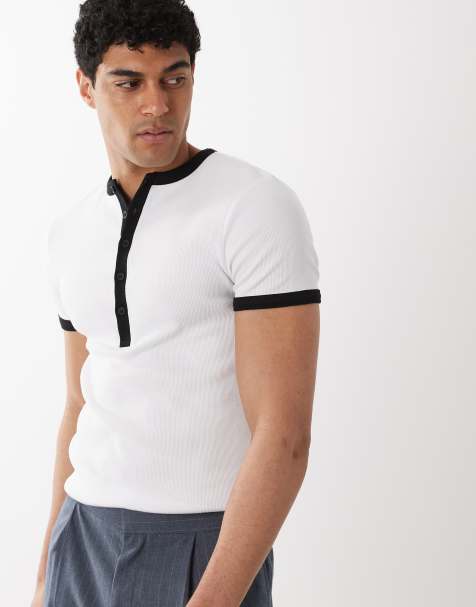ASOS DESIGN muscle fit ribbed T-shirt with henley neck and contrast detail in white - view 1