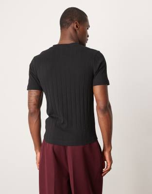 ASOS DESIGN muscle fit ribbed T-shirt with henley neck in black
