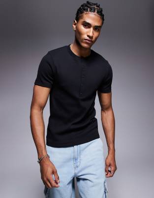 Asos Design Muscle Fit Ribbed T-shirt With Henley Neck