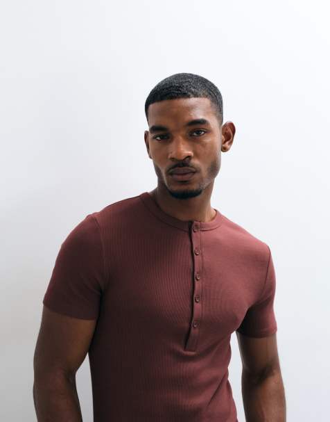 ASOS DESIGN muscle fit ribbed T-shirt with henley neck in brown - view 1