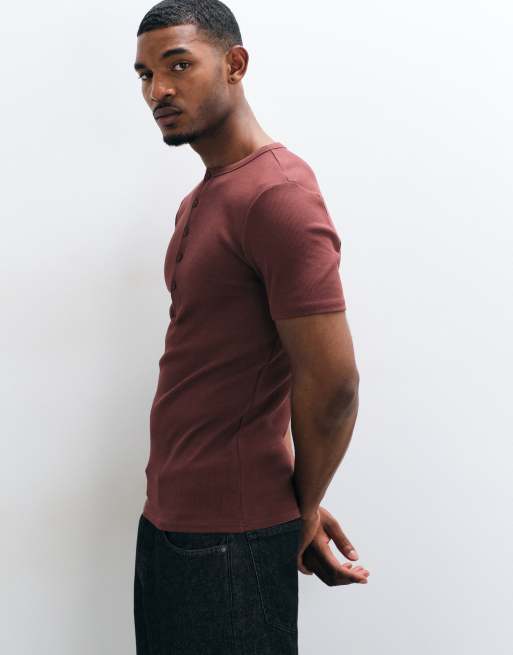 ASOS DESIGN muscle fit ribbed T-shirt with henley neck in brown, 4 of 7