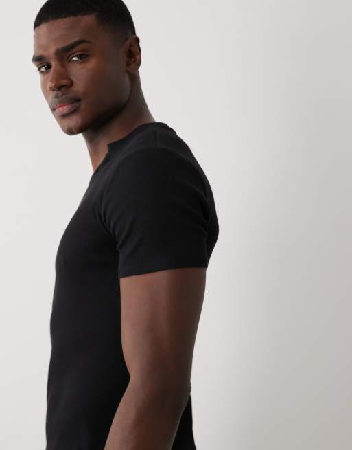ASOS DESIGN muscle fit ribbed T-shirt with notch neck in black, 3 of 5