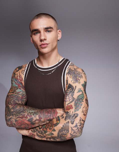 ASOS DESIGN muscle fit ribbed tank top with contrast binding in brown - view 1