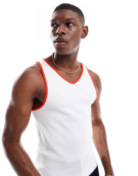 ASOS DESIGN muscle fit ribbed tank top with contrast binding in white - view 1