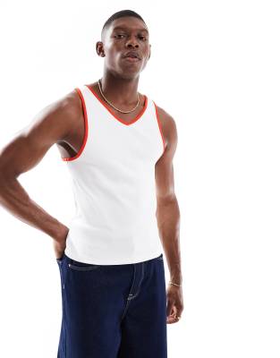 Asos Design Muscle Fit Ribbed Tank Top With Contrast Binding