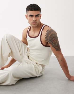 Asos Design Muscle Fit Ribbed Tank With Contrast In Neutral