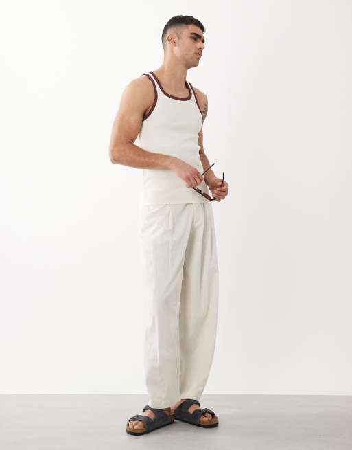 ASOS DESIGN muscle fit ribbed tank with contrast in cream, 2 of 5