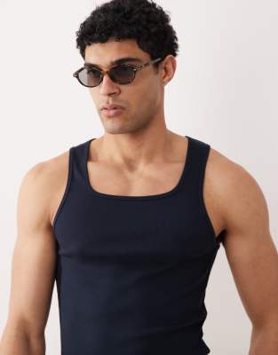 Asos Design Muscle Fit Ribbed Tank With Square Neck In Blue