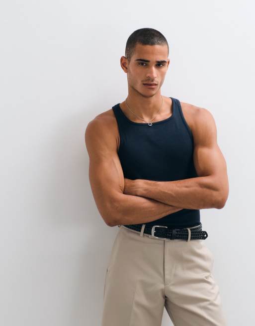 ASOS DESIGN muscle fit ribbed tank with square neck in navy, 2 of 5