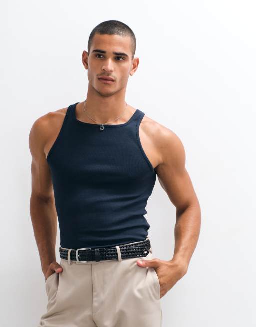 ASOS DESIGN muscle fit ribbed tank with square neck in navy, 5 of 5
