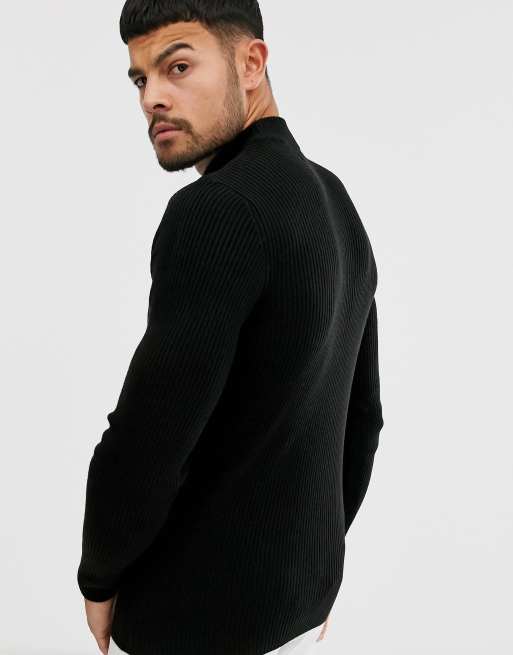 ASOS DESIGN muscle fit ribbed turtle neck jumper in black